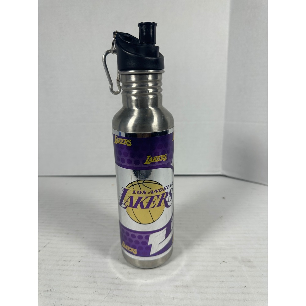 NBA Los Angeles Lakers Stainless Steel Water Bottle Silver Purple Gold Carabiner - Picture 1 of 9